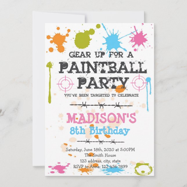 Fiesta de cumpleaños de Paintball Invitación (Anverso)
