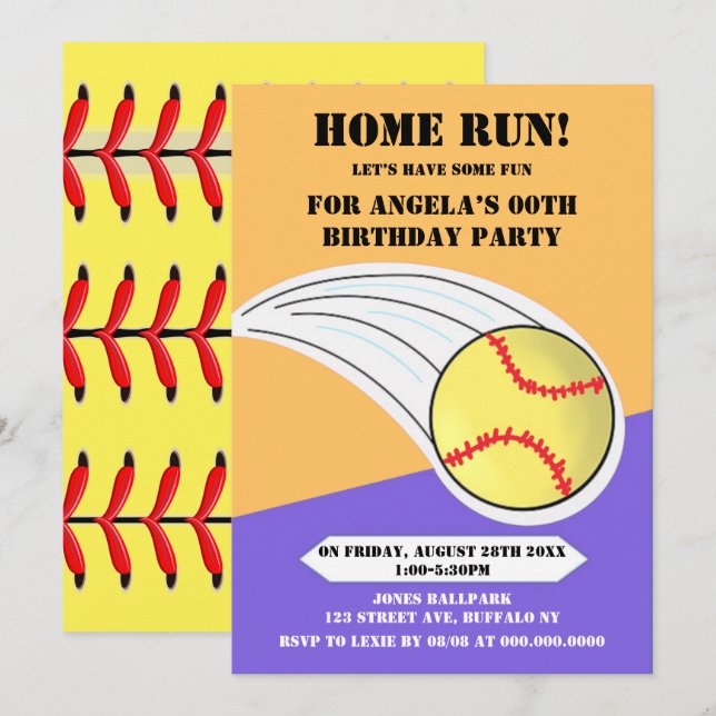 Fiesta de cumpleaños de Purple Home Run Softball (Anverso / Reverso)