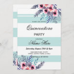 Fiesta de cumpleaños de Quinceañera Invitación flo<br><div class="desc">Elegantes invitaciones a Fiesta Rosa Floral Color Azul De Stripe Aqua. Se incluye la impresión posterior. Cambie el texto para que se adapte a su fiesta,  perfecto para cualquier edad. Vea la colección - ver Wow Meow para la colección Floral rosa de franja azul.</div>