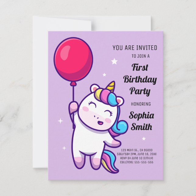 Fiesta de Cumpleaños de Unicornio Arcoíris Adorabl (Anverso)
