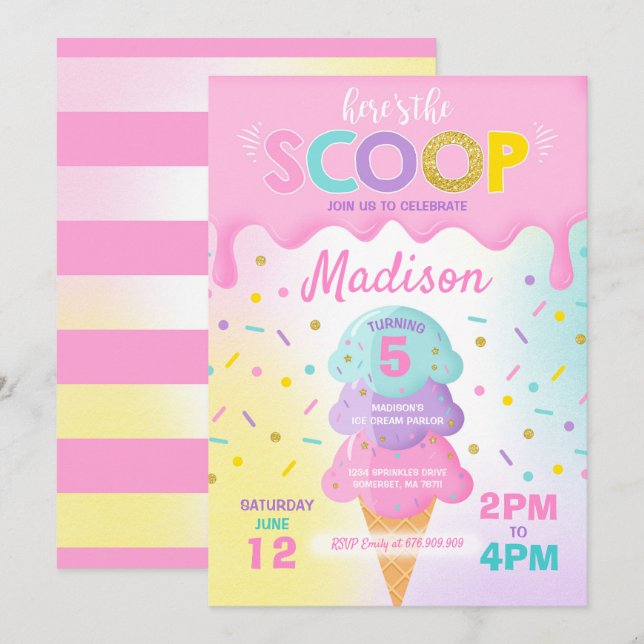 Fiesta de cumpleaños del helado de la invitación (Anverso / Reverso)