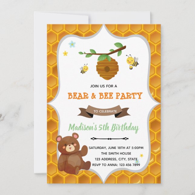 Fiesta de cumpleaños del oso y la abeja Invitación (Anverso)