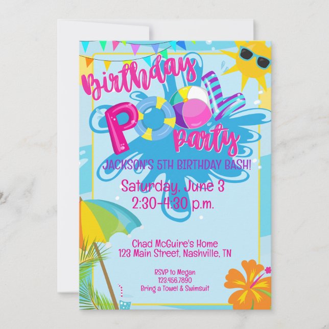 Fiesta de Cumpleaños en la Piscina, Invitación de  (Anverso)