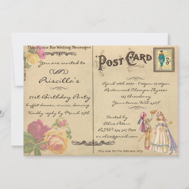 Fiesta de cumpleaños, estilo de postal antiguo, gu (Anverso)