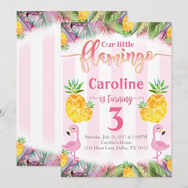Fiesta de cumpleaños Flamingo Invitación a piña (Anverso / Reverso)
