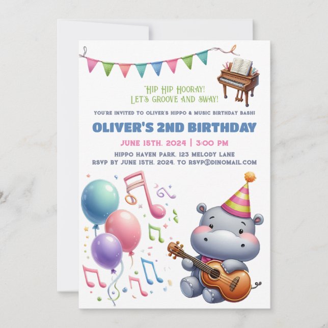"¡Fiesta de Cumpleaños Groovy Hippo!" Invitación (Anverso)