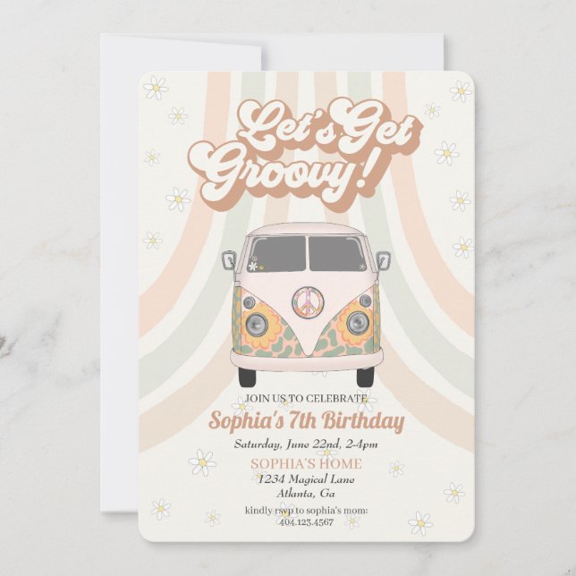 Fiesta de cumpleaños Groovy, invitación temática r (Anverso)