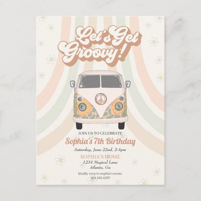 Fiesta de cumpleaños Groovy, invitación temática r (Anverso)
