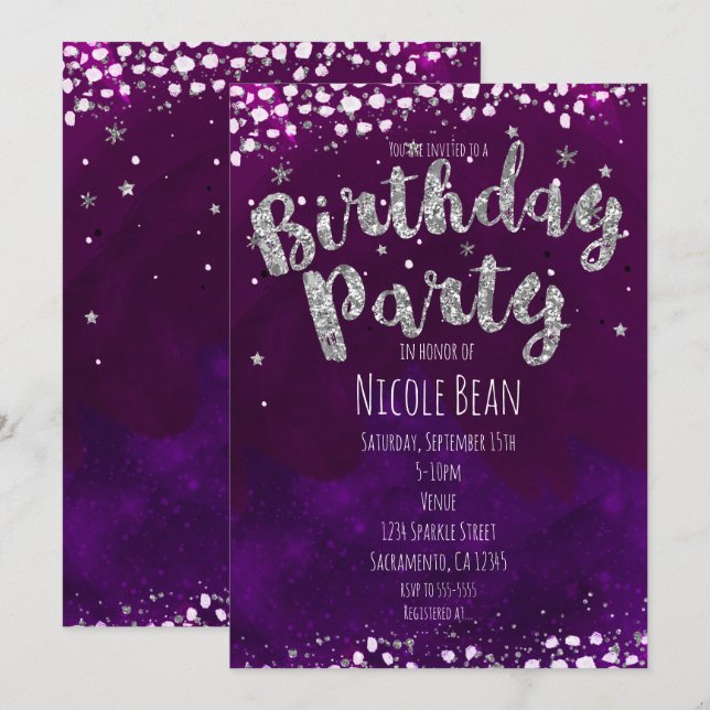Fiesta de cumpleaños Invitaciones Starry Purple &  (Anverso / Reverso)