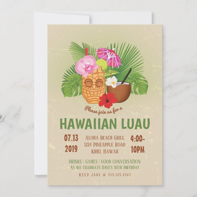 Fiesta de cumpleaños Luau hawaiano Invitación Tiki (Anverso)