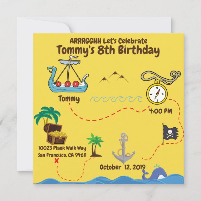 Fiesta de Cumpleaños Pirata Mapa del Tesoro Amaril (Anverso)