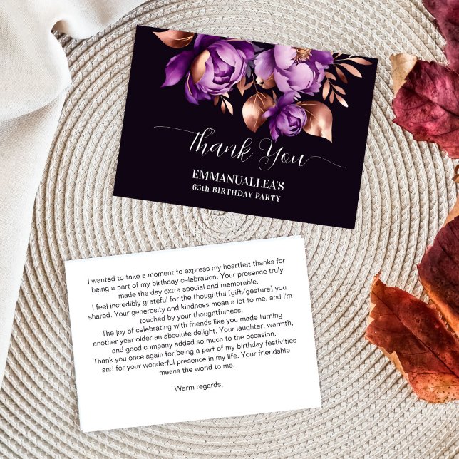 Fiesta de cumpleaños, plantillas de peonías púrpur (Birthday party thank you card purple peonies rose gold flowers template thank you card)