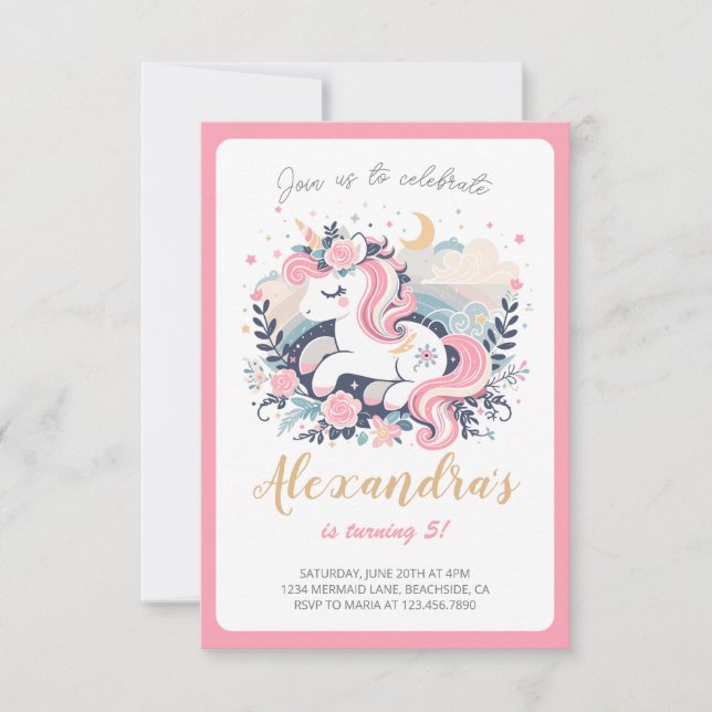 Fiesta de cumpleaños rosa del Chica unicornio mági (Anverso)