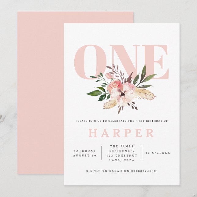 fiesta de cumpleaños rosa floral invitación a la f (Anverso / Reverso)
