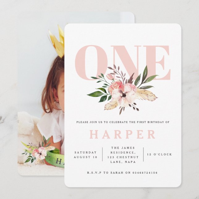 fiesta de cumpleaños rosa floral invitación a la f (Anverso / Reverso)