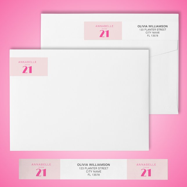 Fiesta de cumpleaños rosa moderna del siglo XXI (Modern pink wrap around return address labels for modern pink girls 21st twenty one birthday)