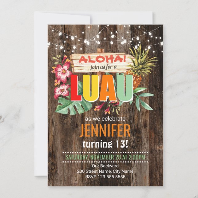 Fiesta de cumpleaños Rustic Aloha Luau Invitación (Anverso)