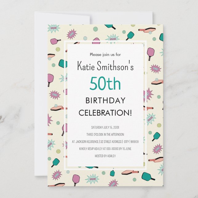 Fiesta de Cute Pickleball Invitación a los 50 años (Anverso)