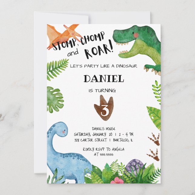 Fiesta de Dino invitación a fiesta de cumpleaños d (Anverso)