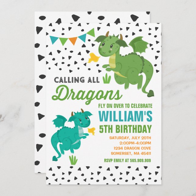 Fiesta de Dragon Birthday Invitación Caballeros y  (Anverso / Reverso)