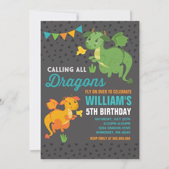 Fiesta de Dragon Birthday Invitación Caballeros y  (Anverso)