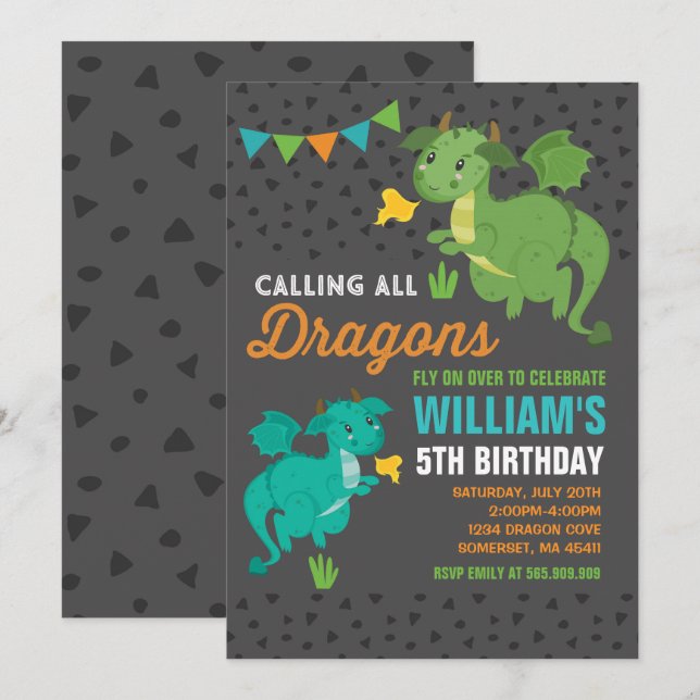 Fiesta de Dragon Birthday Invitación Caballeros y  (Anverso / Reverso)