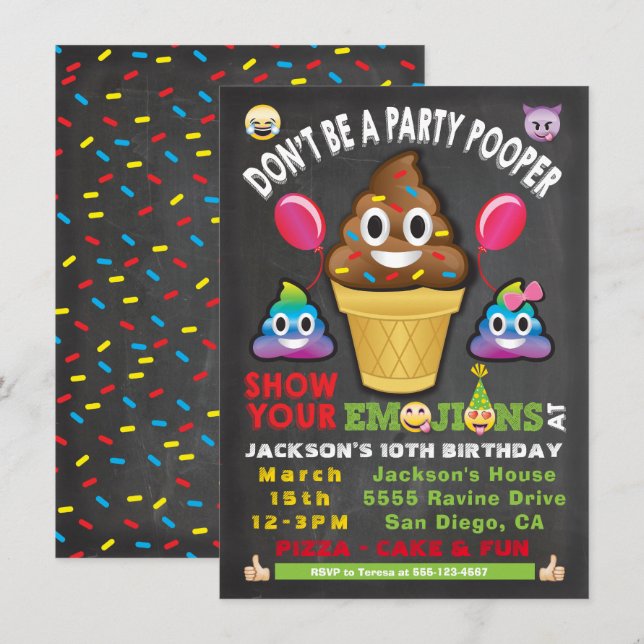 Fiesta de emoji Icecream Pooper Invitación a cumpl (Anverso / Reverso)