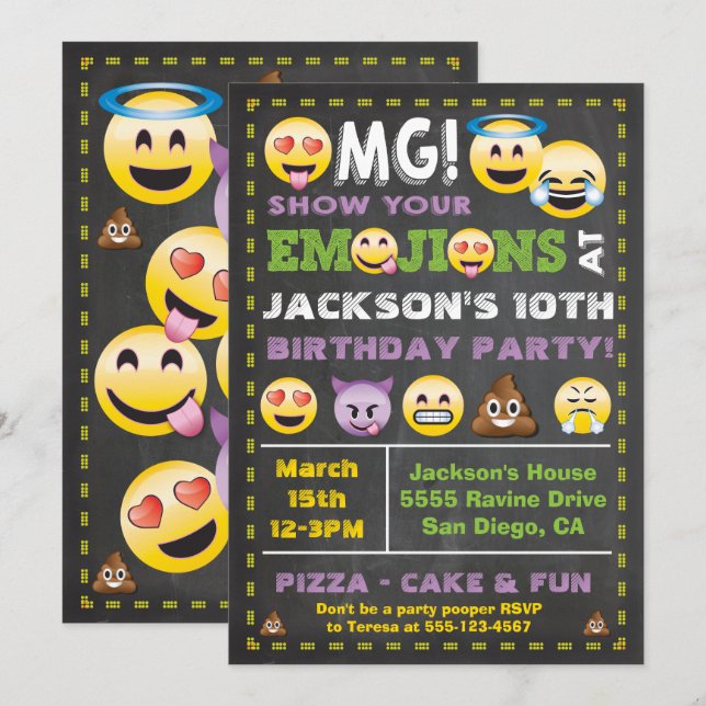 Fiesta de emoji OMG Invitación de nacimiento (Anverso / Reverso)