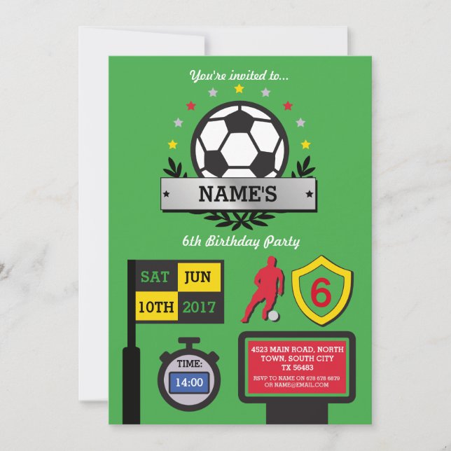 Fiesta de fútbol niño cumpleaños invitación verde  (Anverso)