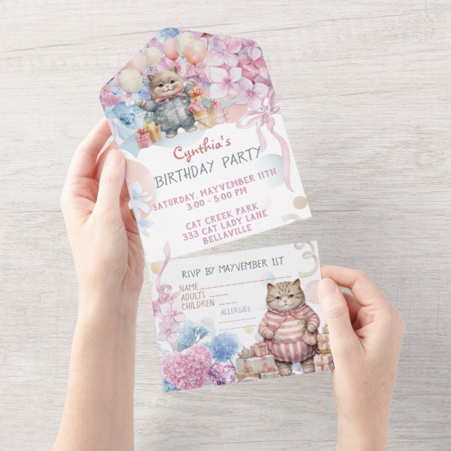 Fiesta de gato lindo Invitación todo en uno (desgarro)