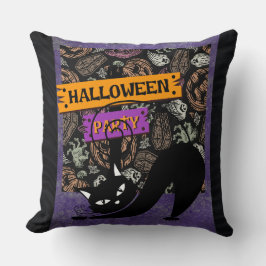 Fiesta de Halloween y gato negro, cojín decorativo