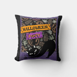 Fiesta de Halloween y gato negro, cojín decorativo