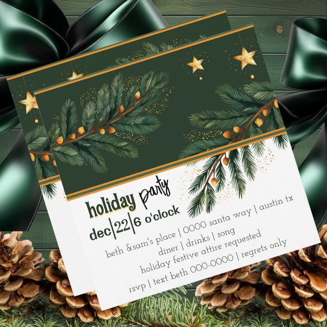 Fiesta de Hunter Green Holiday Pine and Gold Stars (Festive Holiday Party invitation with holiday tree branches and gold Christmas stars )