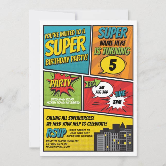 Fiesta de invitación a superhéroe de niño Cómic Ro (Anverso)