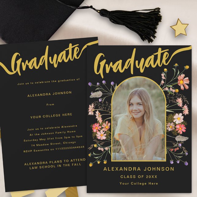 Fiesta de Invitación de Graduación de Foto Floral  (Modern photo arch wildflower graduation announcement party invitation elegant gold script)