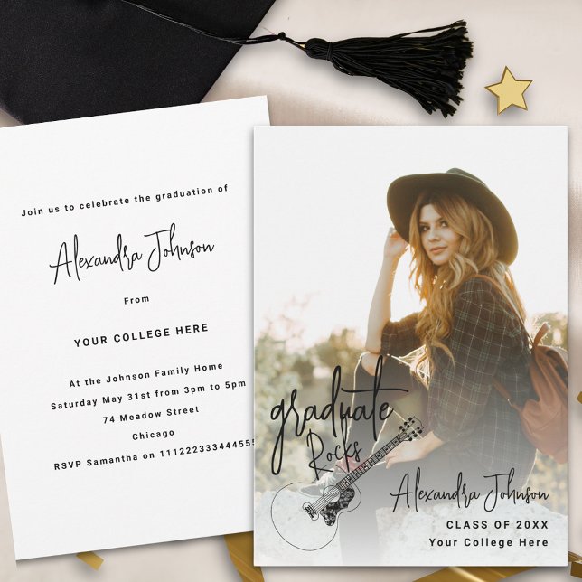 Fiesta de Invitación de graduación de fotografía m (Modern trendy vertical photo Graduation party and announcement  invitation with country music guitar)