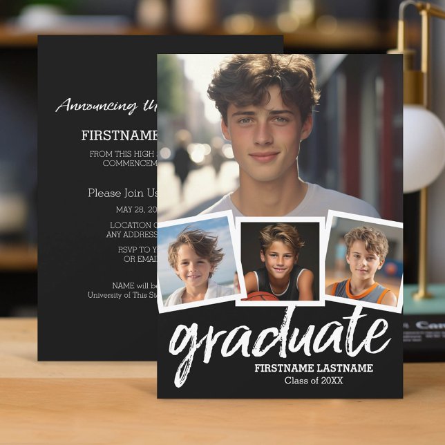 Fiesta de Invitación de graduación negra de moda 4 (Classic Graduation Announcement and Party Invitation with 4 Photos)