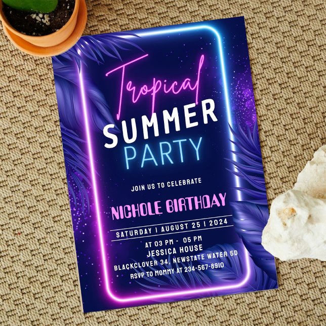 Fiesta de Invitación de Noche de Verano Tropical (Zazzle Night Glow Birthday Invitation Party)