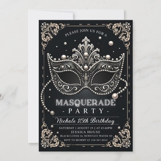 Fiesta de invitaciones a cumpleaños blanco negro d (Anverso)