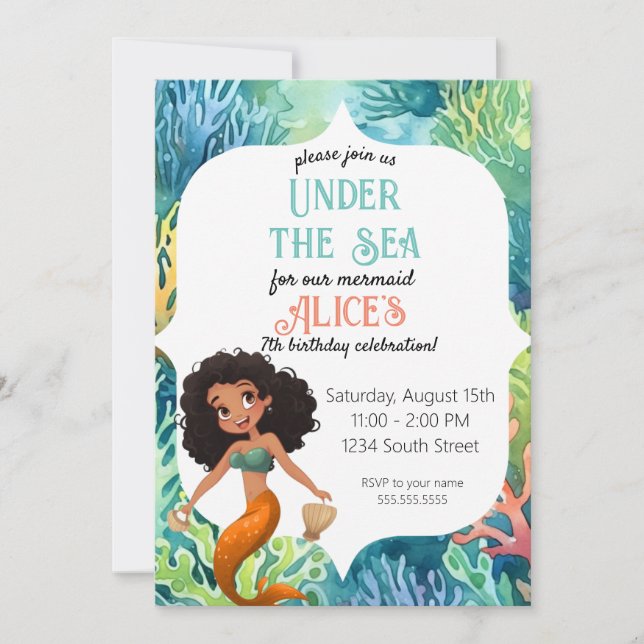 Fiesta de invitaciones a cumpleaños negro de Siren (Anverso)