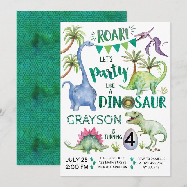 Fiesta de invitaciones a los cumpleaños de dinosau (Anverso / Reverso)