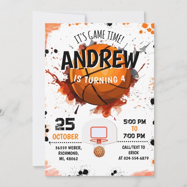 Fiesta de invitaciones de cumpleaños al baloncesto (Anverso)