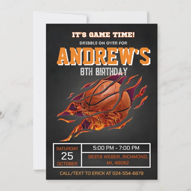 Fiesta de invitaciones de cumpleaños al baloncesto (Anverso)