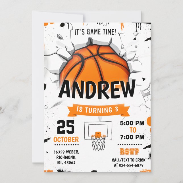 Fiesta de invitaciones de cumpleaños al baloncesto (Anverso)