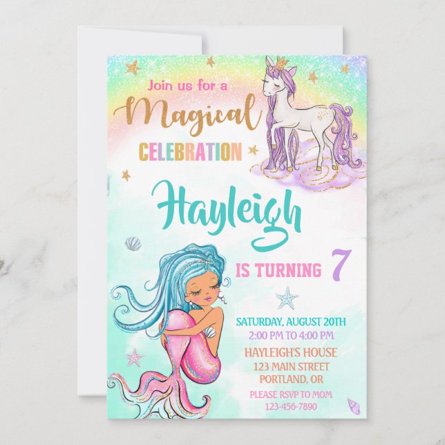Fiesta de invitaciones de cumpleaños de Mermaid y  (Anverso)
