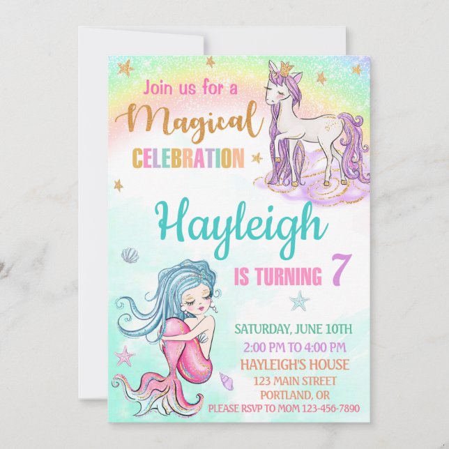 Fiesta de invitaciones de cumpleaños de Mermaid y  (Anverso)