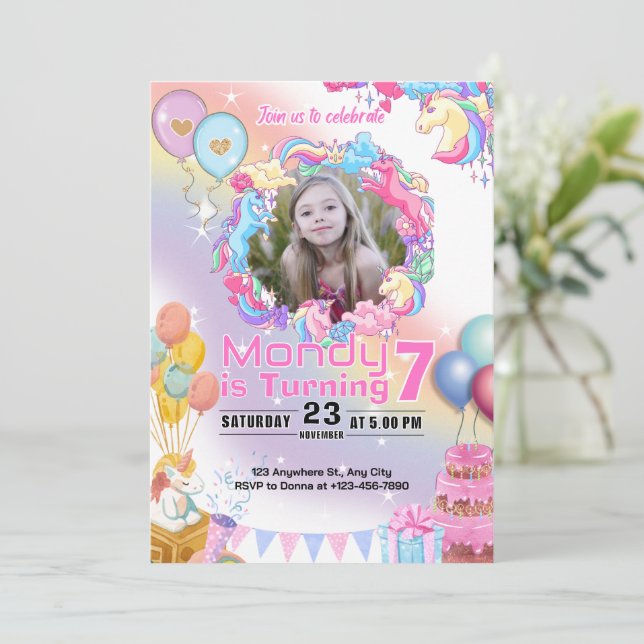 Fiesta de invitaciones de cumpleaños de Unicorn (Anverso de pie)