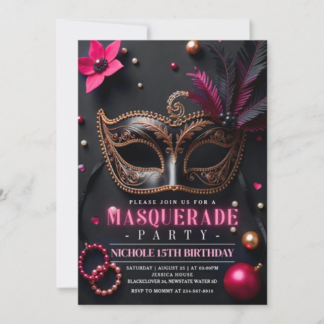 Fiesta de invitaciones rosadas elegante de mascara (Anverso)