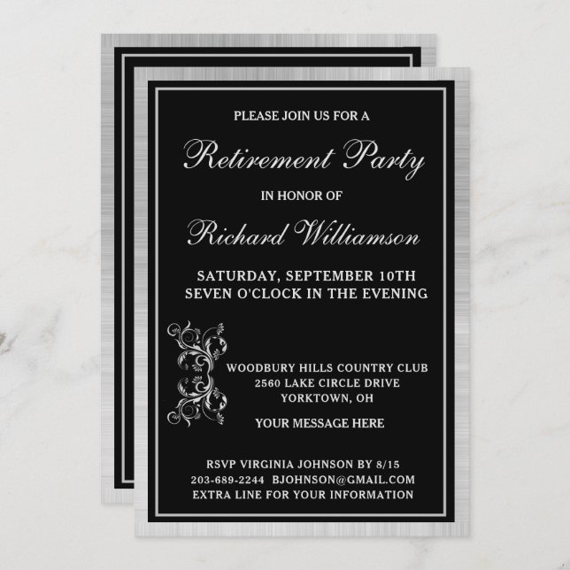 Fiesta de Jubilación Elegante Invitación de Plata  (Anverso / Reverso)