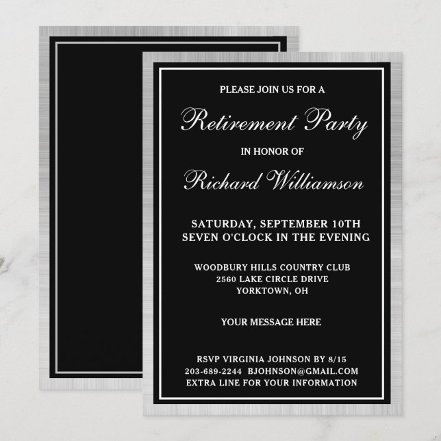 Fiesta de Jubilación Elegante Invitación de Plata  (Anverso / Reverso)